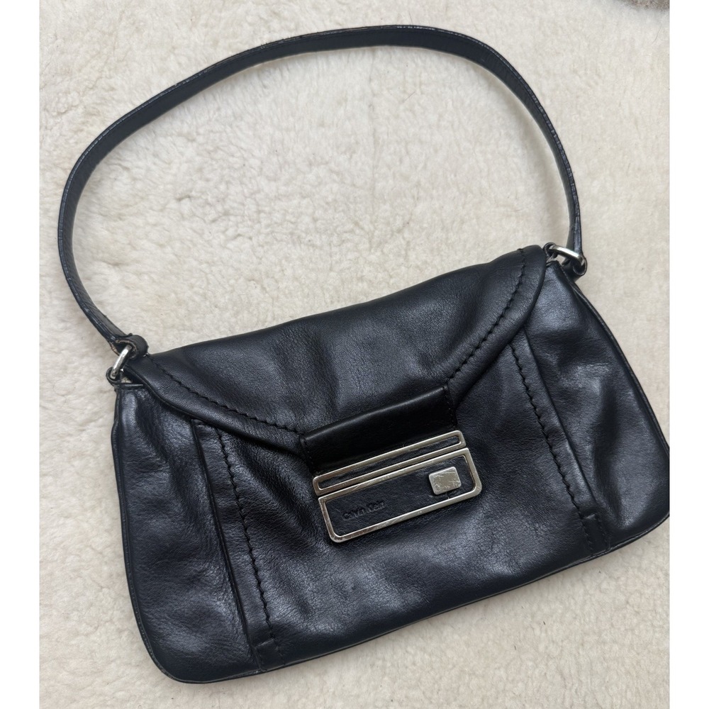 VTG Calvin Klein Black Leather Baguette Bag Y2K 2000s Minimalist Silver Hardware
